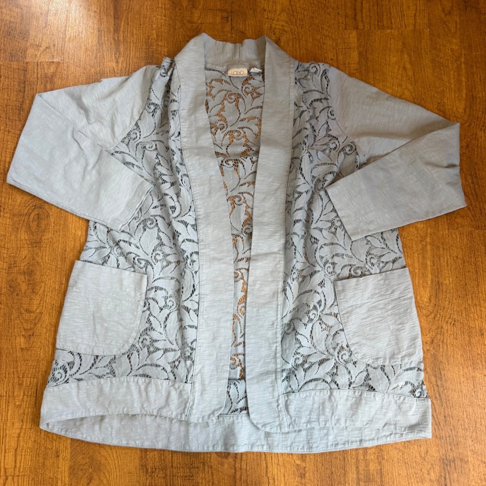 LOGO Lori Goldstein Cardigan Womens XL Blue Lace Knit Open Front Pockets Boho
